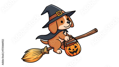 Witching Puppy's Halloween Flight: A delightful puppy, adorned in a witch's hat and cape, merrily rides a broomstick with a pumpkin-shaped treat bucket for a magical Halloween adventure.