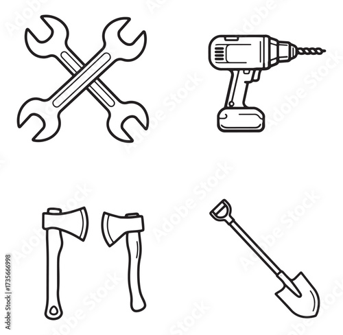 Simple hand drawn tool icons including wrenches drill axes and shovel in outlined style