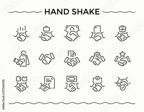 hand shake modern icon set. Partners icon set. Minimalist vector collections. Contain linear symbols hand, shaking, handshake, partner, collaborate, respect and more. Editable vector. Pixel perfect.