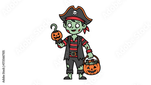 Spooky Pirate: A captivating, cartoon pirate, animated with an endearing design, cheerfully clenching a halloween pumpkin basket and holding a carved gourd, prepared for candy and fun. 