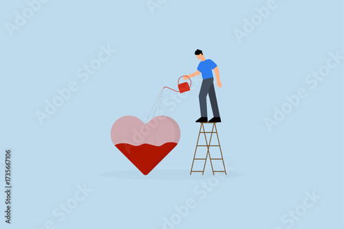 Work passion, entrepreneur pouring water to complete heart shape symbolizing fervor