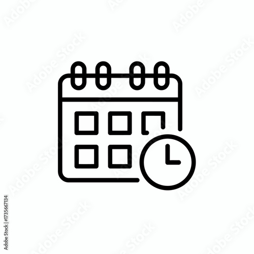 Simple black and white line art icon of a calendar with a clock element symbolizing time and planning