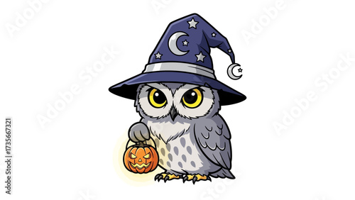 Enchanting Owl with Jack-o'-Lantern: An adorable illustration of a cute owl in a witch's hat, clutching a festive jack-o'-lantern, capturing the magic of Halloween. 