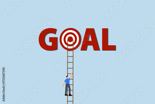 Ladder to reach goal, clever entrepreneur ascends ladder high into the cloud to hit target bullseye