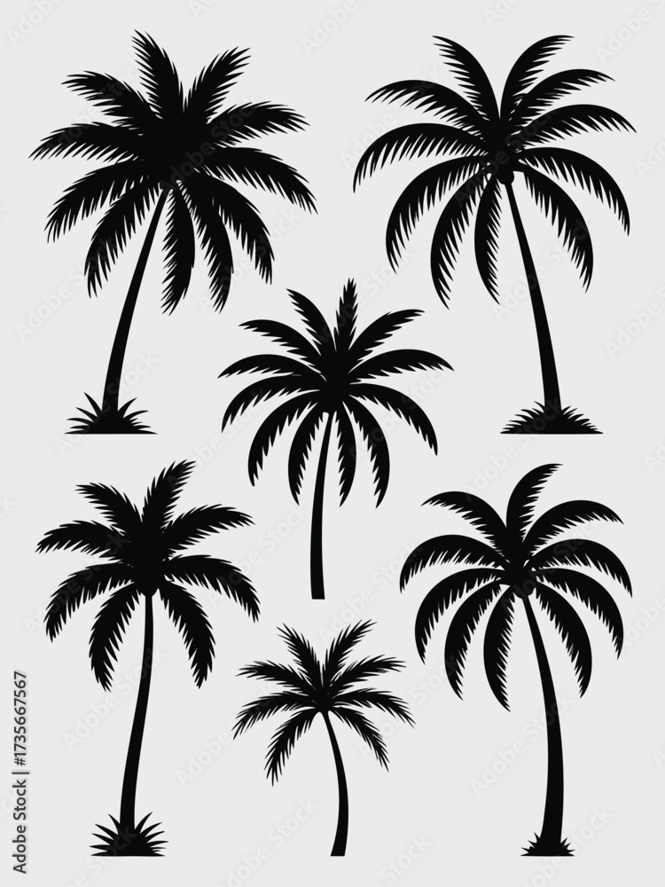 Obraz premium Silhouetted palm trees isolated on white background, evoking a tropical and serene atmosphere with their iconic shapes against a clean backdrop