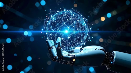 Robot hand holds glowing digital sphere, representing future technology trends