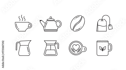 Collection of hand drawn coffee and tea icons featuring mugs teapots and brewing equipment vector