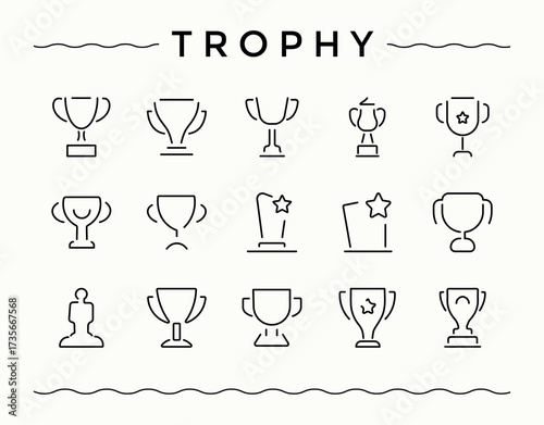 Trophy linear icon collection. Collection of simple line web icons. Winner icon collection. Contains such icons as achievement, win, award, prize, sport and more.