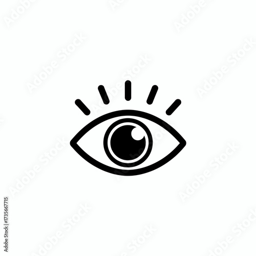 Minimalist black and white icon design of an open eye with radiating lines signifying alertness and vision