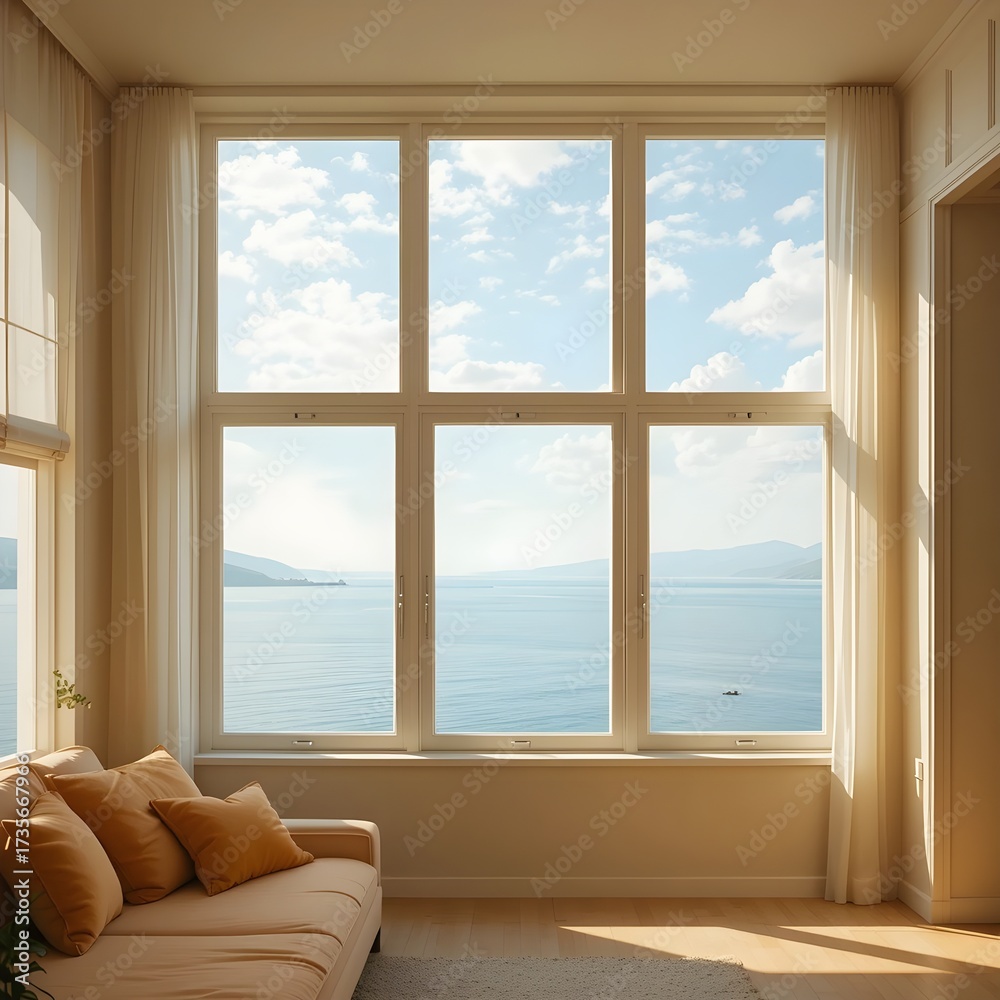 Fototapeta premium Modern living room interior with large panoramic window and beautiful sea view