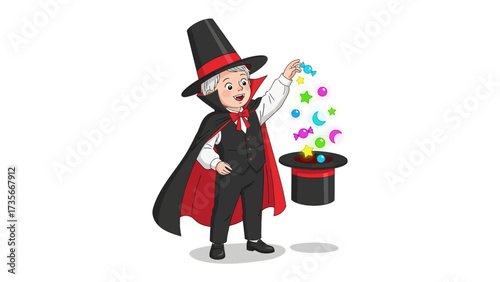 Magician with Magic Hat: An illustration of a captivating magician, bringing a burst of wonder with magical elements and the enchanting allure of a trick hat.