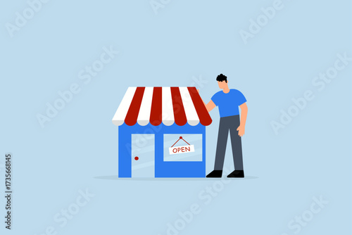 Business owner start small business, entrepreneur standing proudly with his newly launched business.