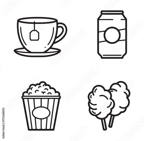 Simple line art illustrations of tea cup soda popcorn and cotton candy icons