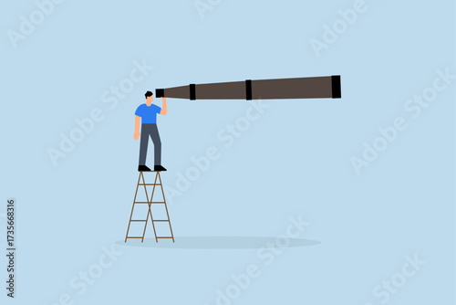 Long term plan or business strategy for far future, entrepreneur peering through large, extended telescope to glimpse the future.
