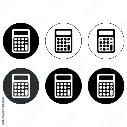 Set of six minimalist calculator icons in different circular backgrounds