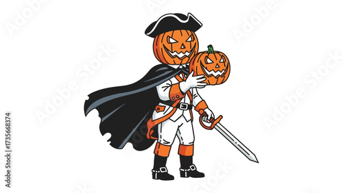 Animated Headless Horseman Illustration: Spooky Halloween scene features a cartoonish rendition of the Headless Horseman, wielding a sword and holding his jack-o'-lantern head.