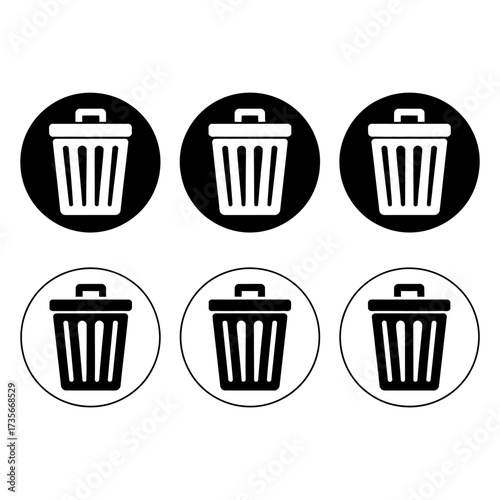 Set of six minimalist trash can icons for digital and print applications simple and clean design