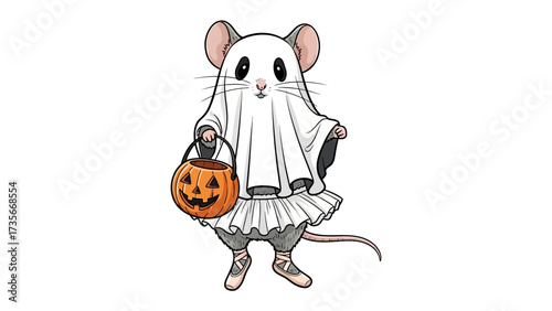 Cute Halloween Rat with Pumpkin Basket: An adorable illustration of a rat dressed in a ghost costume, clutching a pumpkin basket, perfectly captures the playful spirit of Halloween.