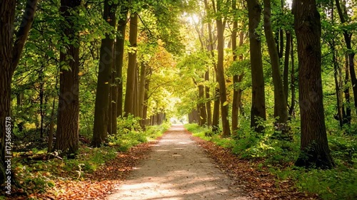 Stunning sun rays shine through vibrant forest canopy on a peaceful nature walk