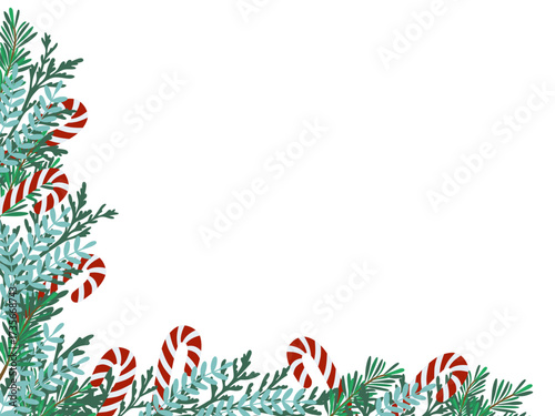Festive vector illustration featuring candy canes nestled in vibrant pine branches. Perfect for holiday designs, greeting cards, and seasonal decorations. Emphasizes winter cheer.