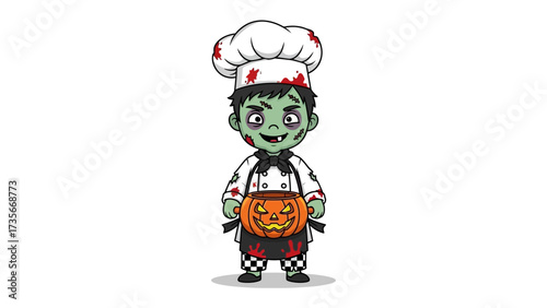 Chef Zombie Halloween Illustration: A cheerful chef zombie, dressed in a traditional uniform with a halloween pumpkin accessory, stands ready to make fun.