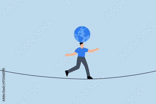 Geopolitical risk, entrepreneur executive performer attempts to balance earth sphere on his head.
