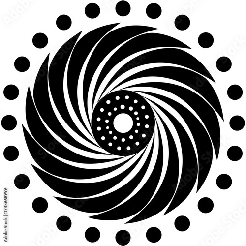 Abstract geometric pattern of black dots forming a swirling broken spiral on a white background representing dynamic movement and abstract art