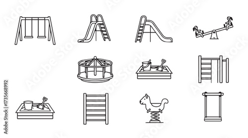 Collection of childrens playground equipment simple outline icons set isolated vector