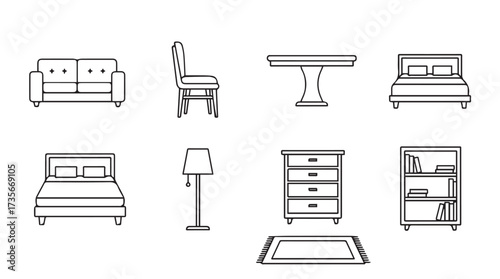 Collection of hand drawn furniture icons representing home decor and interior design elements vector