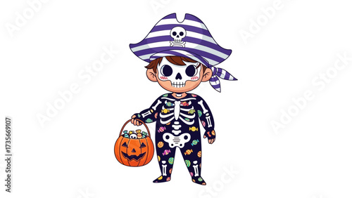 Spooky Pirate: A charming illustration depicts a child dressed as a pirate for Halloween, holding a jack-o'-lantern treat bucket, ready for a night of spooky adventure. 