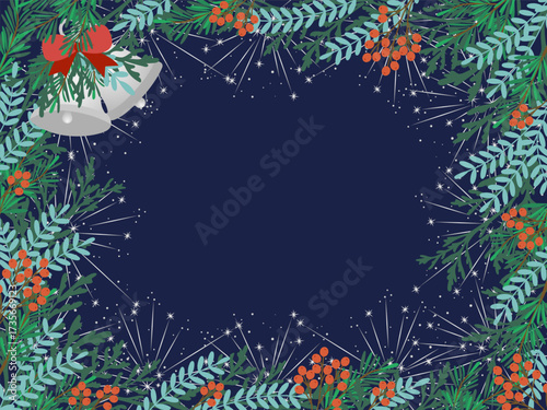 Vector illustration of a festive holiday border featuring evergreen branches, red berries, and silver bells. The dark background enhances the vibrant colors, creating a cheerful seasonal frame.