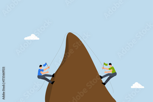 Business competition, businessmen rivals ascend mountain to place victory flag at summit