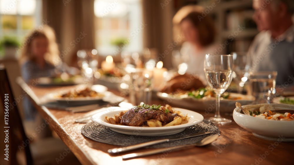 Naklejka premium A cozy family dinner scene featuring a delicious roasted chicken dish and well-set dining table.