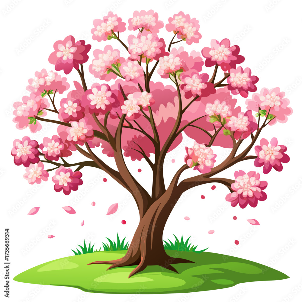 Obraz premium Delicate pink cherry blossoms bloom vibrantly on a tree in springtime presented in a clean flat floral design illustration