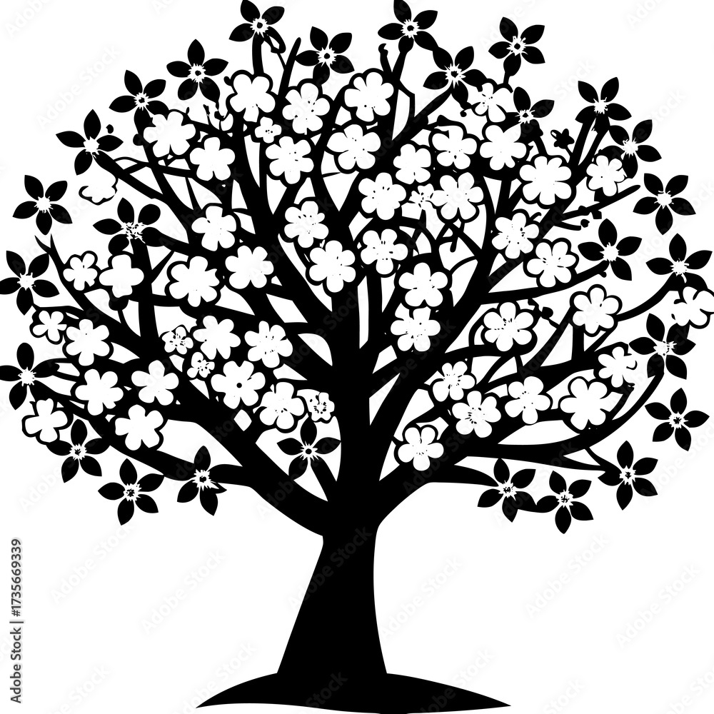 Fototapeta premium Delicate silhouette cherry blossoms bloom on a tree in springtime depicted in a clean flat graphic style