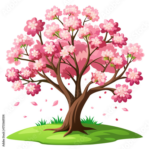 Delicate pink cherry blossoms bloom vibrantly on a tree in springtime presented in a clean flat floral design illustration