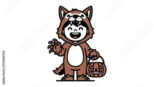 Halloween Fun: A cute kid in a wolf costume smiles holding a jack-o-lantern, a cheerful embodiment of the festive Halloween spirit.