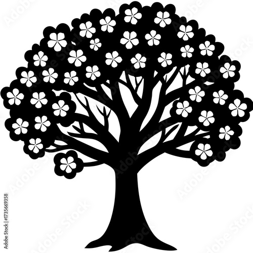Charming cartoon oak tree in full bloom with vibrant pink blossoms symbolizing springtime and new beginnings