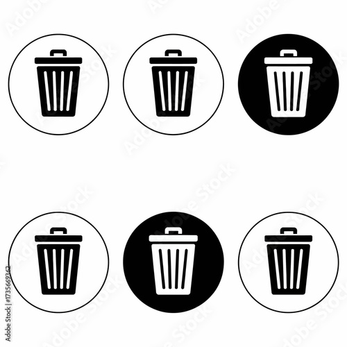 Set of six minimalist trash can icons for recycling and deletion functions
