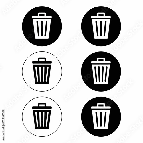 Minimalist trash bin icons set six round icons simple delete recycle waste management symbols