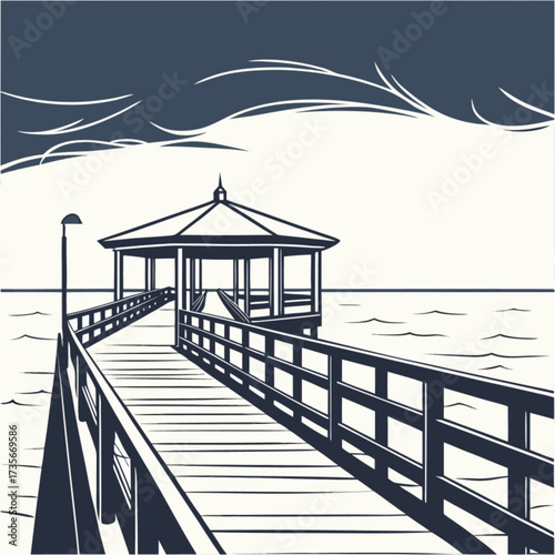 Minimilist illustration of a pier leading to a gazebo over water under a cloudy sky in monochrome style vector