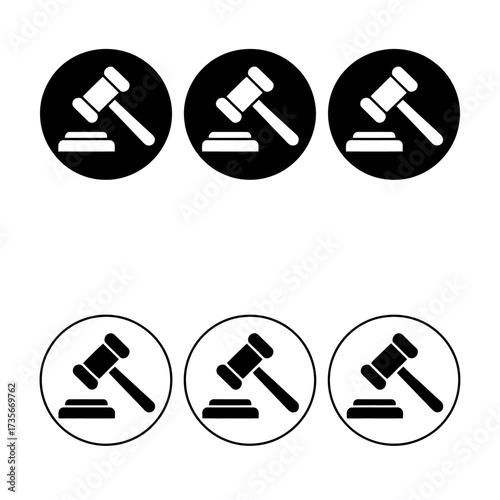 Set of six minimalist gavel icons for legal justice and auction concepts