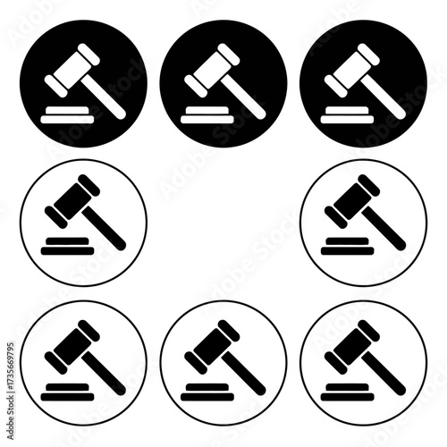 Set of six minimalist gavel icons for justice law courtroom and legal symbolism