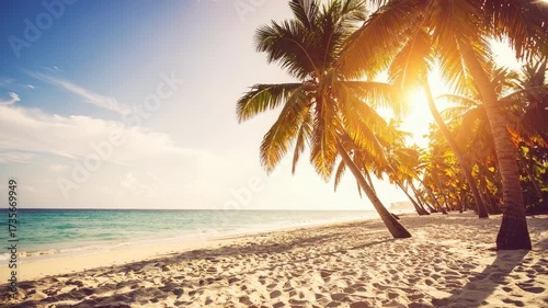 Golden hour sunlight on tropical beach paradise with palm trees gently swaying