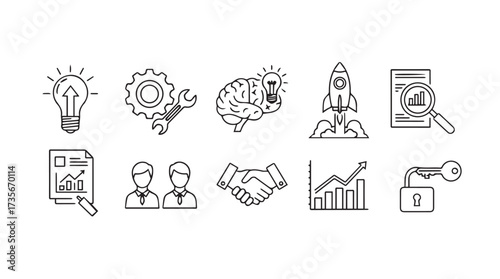 Set of business icons with startup ideas innovation strategy and growth concepts represented in hand drawn style vector