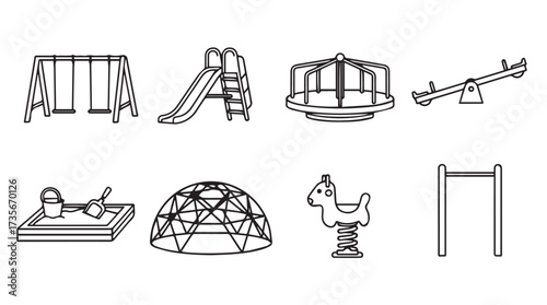 Set of playground equipment icons simple outline drawings for recreation and fun vector