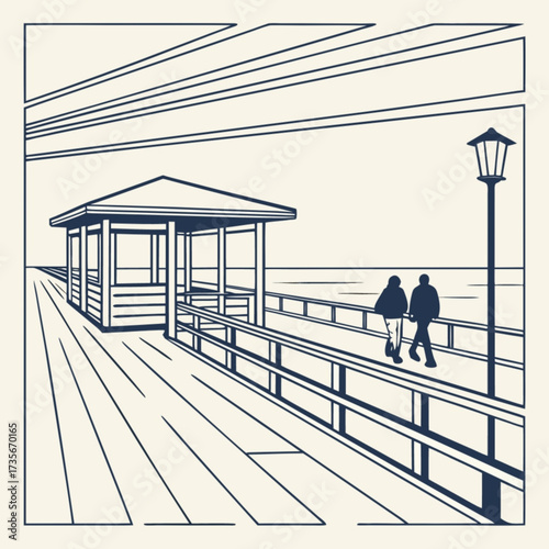 Minimilist illustration of a pier with a gazebo, lamppost, and two people walking towards the horizon line view vector