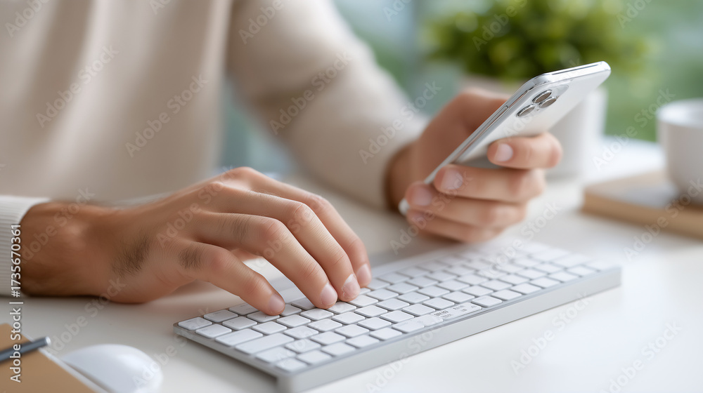 Fototapeta premium Hands typing on wireless keyboard with smartphone and notebook on white desk.