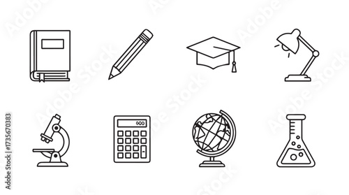 Hand drawn school and education icons set featuring books pencil graduation cap lamp microscope calculator globe and flask vector