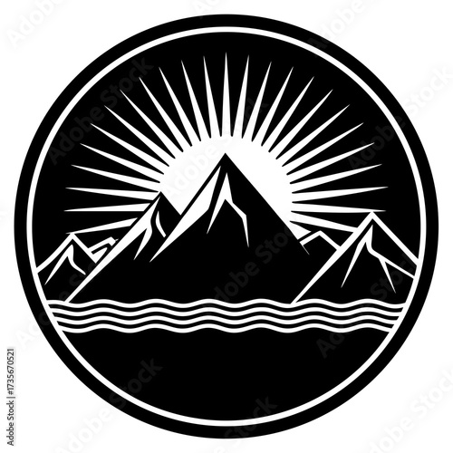 Clean flat silhouette of a majestic mountain range under a radiant sun enclosed within a perfect circle representing nature and adventure